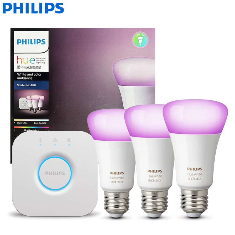 Philips Light Hue White - フィリップスHueスマートライトスターターキット 3個のE27 60W A60スマート電球 + 1個のブリッジ